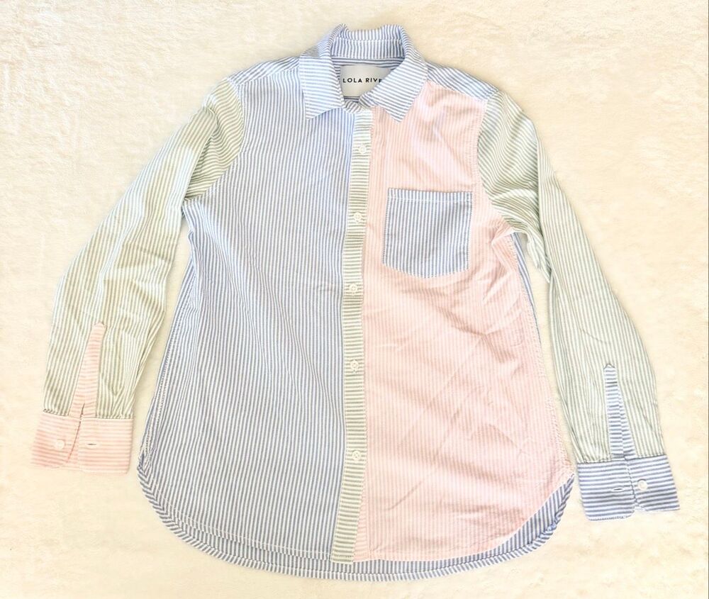 Lola River Colorblock Striped Button Down Shirt Size S Blue Pink Green Coastal